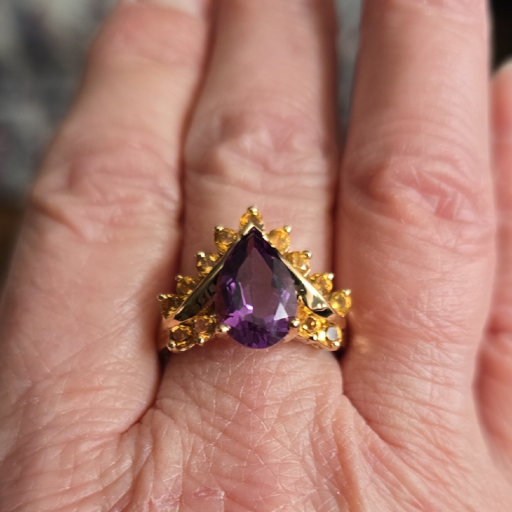 2xHOST PICK Very Vintage Elegant 10k Gold Amethyst Teardrop & Citrine Ring. Sz 8